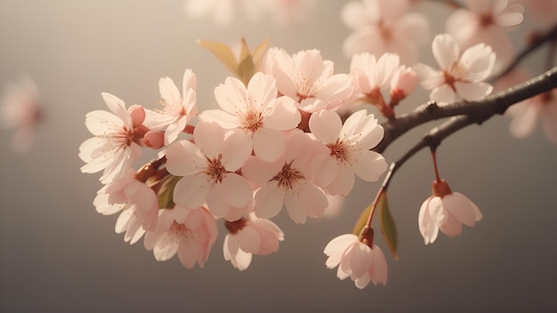 Eine Nahaufnahme eines Kirschblütenzweigs in voller Blüte mit weichen Blütenblättern, die sanft von der Morgensonne beleuchtet werden