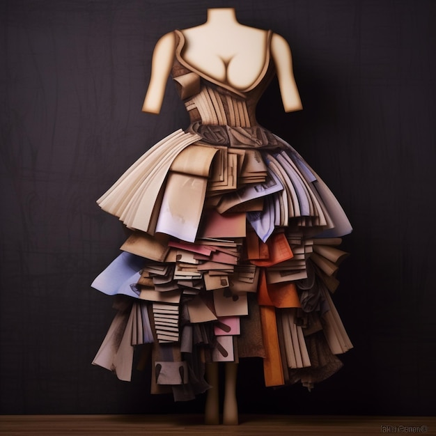 Eine Nahaufnahme eines Kleides aus Papier auf einem Schaufenstermannequin