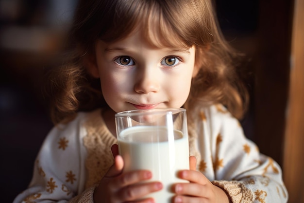 Eine Nahaufnahme eines kleinen, entzückenden Mädchens, das ein Glas Milch hält und mit beiden Händen den Rand ihrer Lippen berührt, während sie einen Schluck Generative AI trinkt