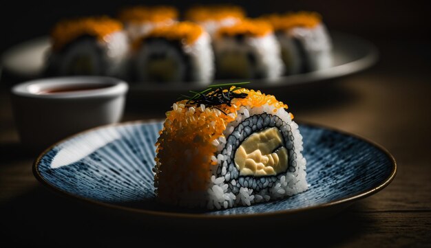 Eine Nahaufnahme eines köstlichen Tisches Sushi generative ai