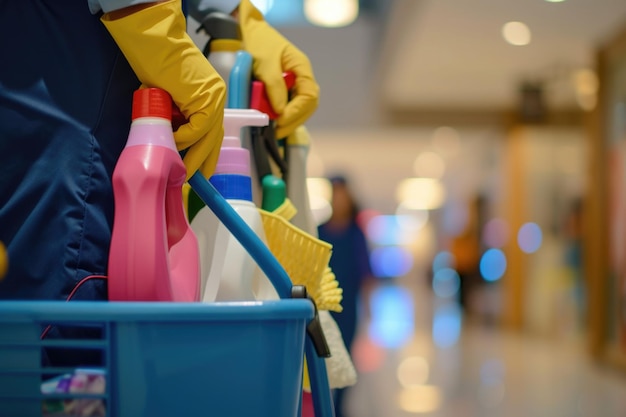 Foto eine nahaufnahme eines kommerziellen reinigungswagens mit leuchtend blauen und farbenfrohen reinigungsmitteln, die wartungsarbeiten in einem belebten öffentlichen raum hervorheben