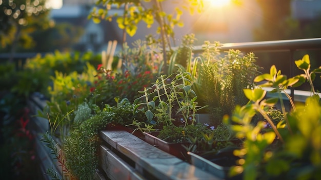 Eine Nahaufnahme eines kompakten Dachgartens zeigt ein reichhaltiges und vielfältiges Ökosystem mit