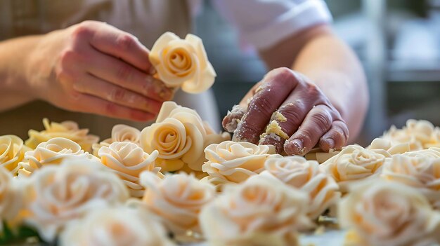 Foto eine nahaufnahme eines konditoren, der mit sorgfalt zarte rosen aus marzipan herstellt