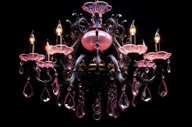 Eine Nahaufnahme eines Kronleuchters mit rosafarbenen Glaslichtern, generativer KI