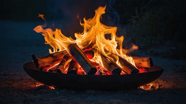 Eine Nahaufnahme eines Lagerfeuers mit starken Flammen in der Nacht