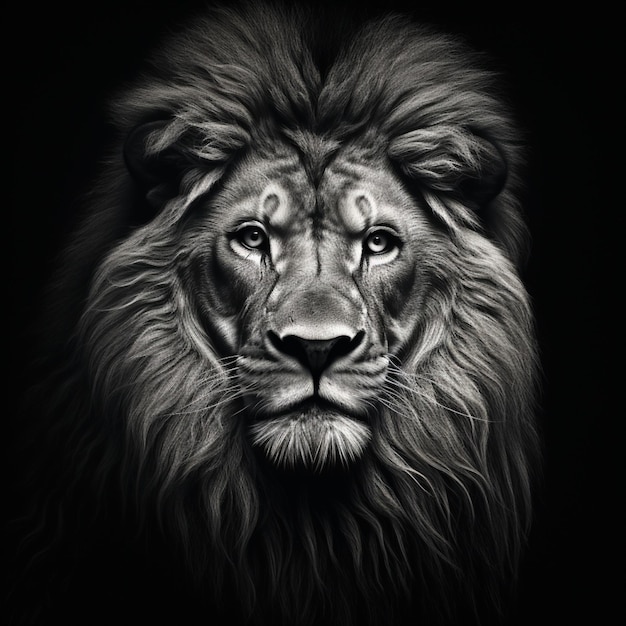 eine Nahaufnahme eines Löwengesichts in einem schwarz-weißen Foto generative ai