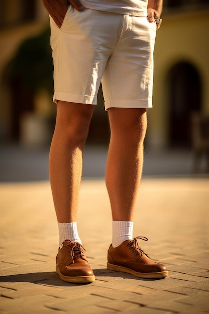 Eine Nahaufnahme eines Mannes, der im Sommer Shorts und Schuhe trägt