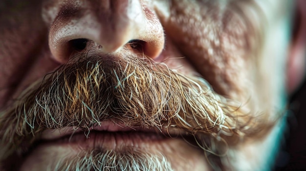 Eine Nahaufnahme eines Mannes mit einem vollen Bart und einem ausgeprägten Schnurrbart, der seine Gesichtshaare in komplizierten Details zeigt