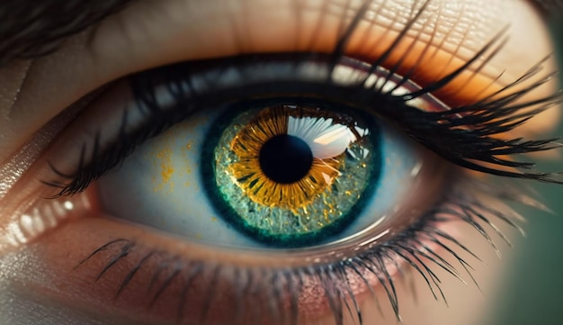 Eine Nahaufnahme eines menschlichen Auges mit gelben und schwarzen Markierungen.
