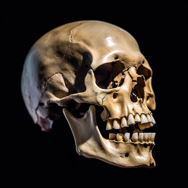Eine Nahaufnahme eines menschlichen Schädels auf einem generativen KI-Bild mit schwarzem Hintergrund