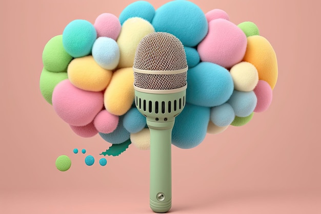 Eine Nahaufnahme eines Mikrofons mit einer Reihe von Cartoon-Sprechblasen in Pastellfarben mit Witzen und Wortspielen vor einem schlichten Hintergrund, der von KI generiert wird