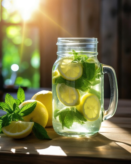 Eine Nahaufnahme eines mit erfrischender Limonade gefüllten Glaskrugs auf einem rustikalen Holztisch