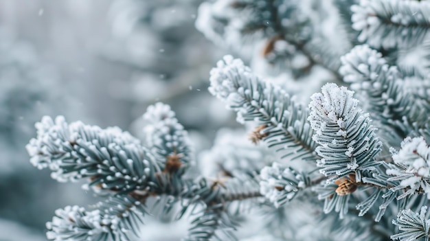 Eine Nahaufnahme eines mit Schnee und Frost bedeckten Kiefernbaums im Winter