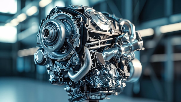 Eine Nahaufnahme eines modernen Automobilmotors mit einem komplizierten Design und einer fortschrittlichen Technologie, die bei der Produktion verwendet wird
