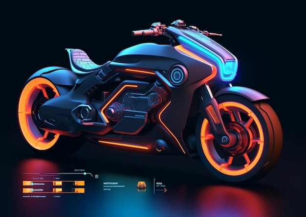 eine Nahaufnahme eines Motorrads mit einem Neonrad und einem schwarzen Hintergrund