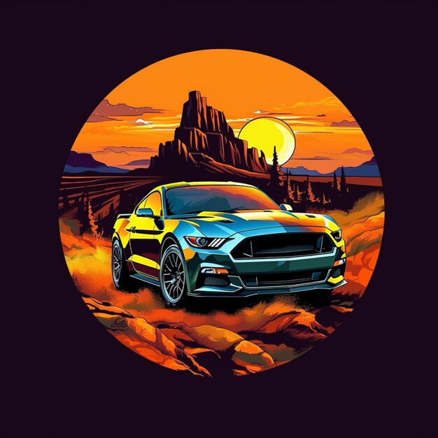 eine Nahaufnahme eines Mustang-Autos in einer Wüste mit einem Sonnenuntergang im Hintergrund