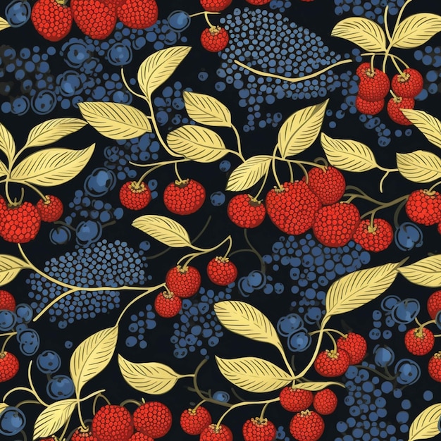 Eine Nahaufnahme eines Musters aus Beeren und Blättern auf schwarzem Hintergrund, generative KI