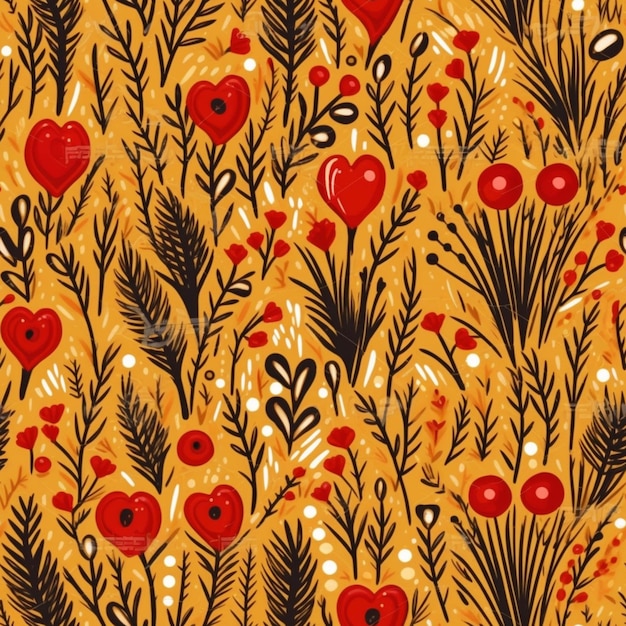 Eine Nahaufnahme eines Musters aus Blumen und Herzen auf einem generativen KI-Hintergrund mit gelbem Hintergrund