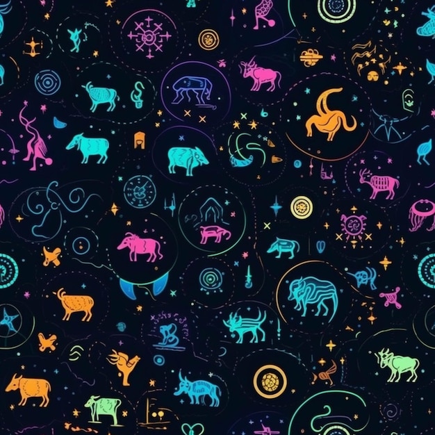 Eine Nahaufnahme eines Musters aus generativen Tieren und Sternen