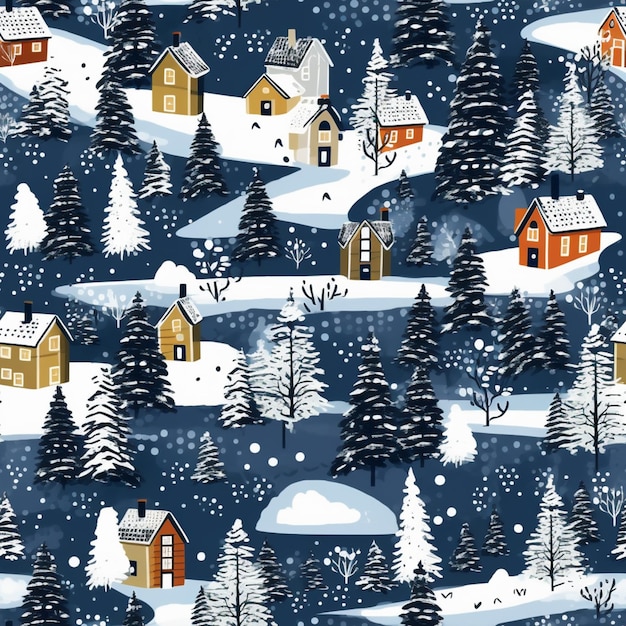Eine Nahaufnahme eines Musters aus Häusern und Bäumen im Schnee. Generative KI