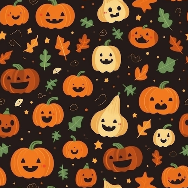 Eine Nahaufnahme eines Musters aus Kürbissen und anderen Halloween-Artikeln mit generativer KI