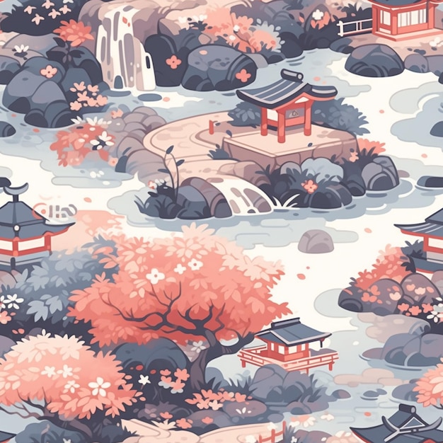 Eine Nahaufnahme eines Musters einer japanischen Landschaft mit einem generativen Wasserfall