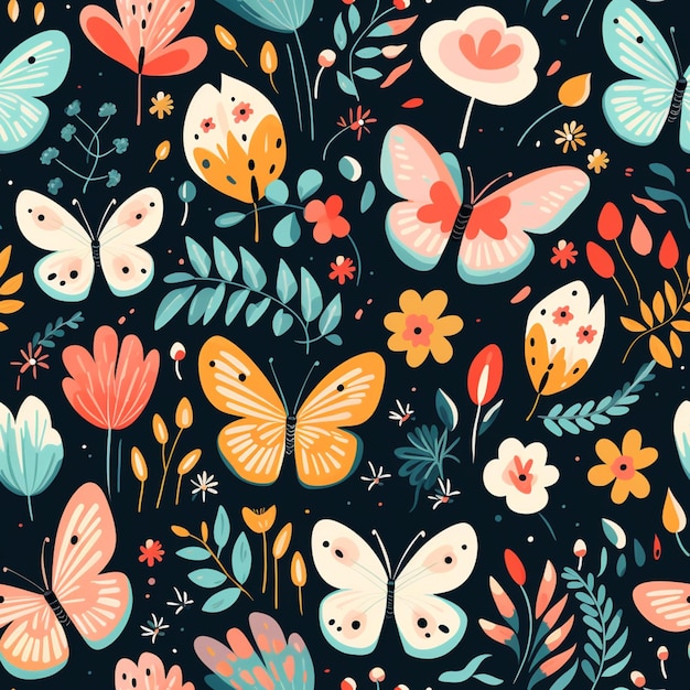 eine Nahaufnahme eines Musters von bunten Schmetterlingen und Blumen