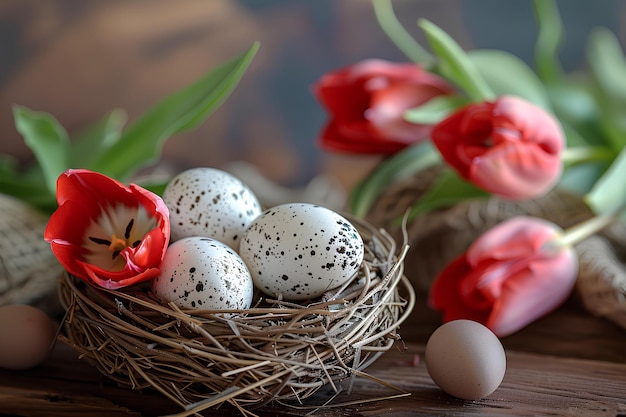 Eine Nahaufnahme eines Nestes mit Eiern und Blumen