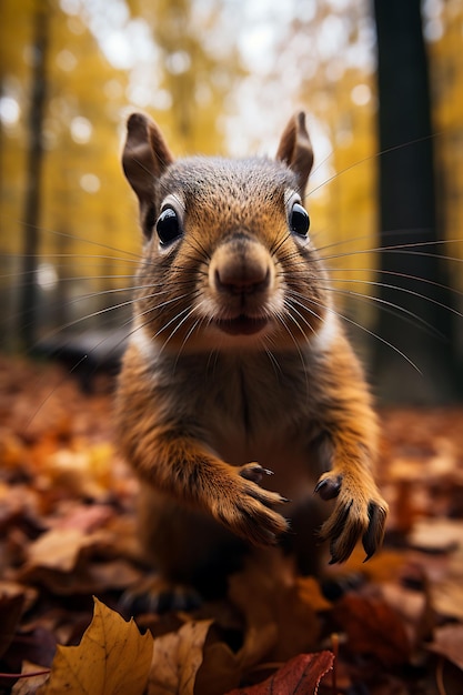 Eine Nahaufnahme eines neugierigen Eichhörnchens Fluffy Face in einem Wald Fi Hyperrealistische Illustration Photo Art