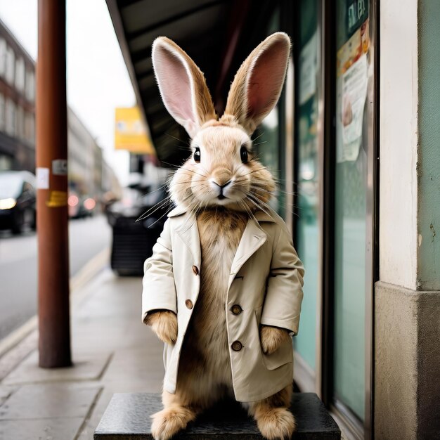 eine Nahaufnahme eines niedlichen Kaninchens mit großen Ohren auf der Straße eine Nahaufschuss einer niedlichen Hase-Witz