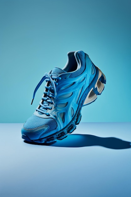 eine Nahaufnahme eines Paar blauer Turnschuhe auf einer blauen Oberfläche generative ai