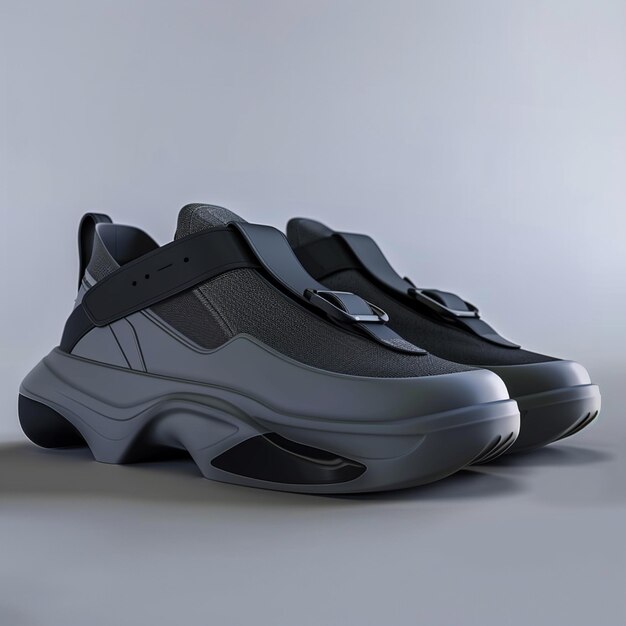eine Nahaufnahme eines Paar Sneakers mit einem schwarz-grauen Farbschema generative ai