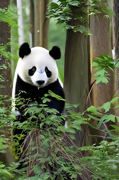 Eine Nahaufnahme eines Pandabären in seinem natürlichen Lebensraum, umgeben von einem üppigen Baumwald
