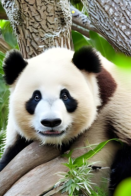 Eine Nahaufnahme eines Pandabären in seinem natürlichen Lebensraum, umgeben von einem üppigen Baumwald