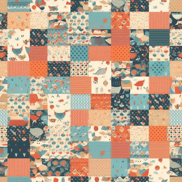 Eine Nahaufnahme eines Patchwork-Quilts mit einem Katzen- und Fisch-Design