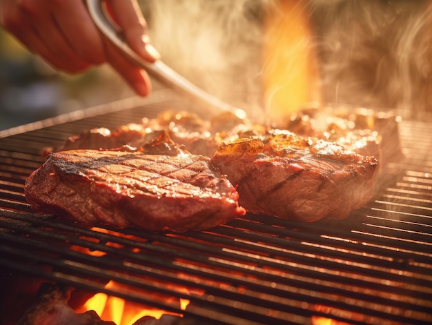 Eine Nahaufnahme eines perfekt gegrillten Steaks, das auf einem Barbecue-Grill brutzelt. Generative KI