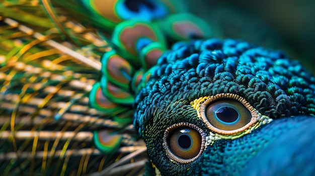 Foto eine nahaufnahme eines pfauenauges, das von lebendigen federn umgeben ist. das auge ist dunkelblau mit einer gelbgrünen pupille.