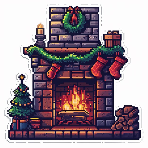 Foto eine nahaufnahme eines pixel-kamin mit einem weihnachtsbaum generative ai