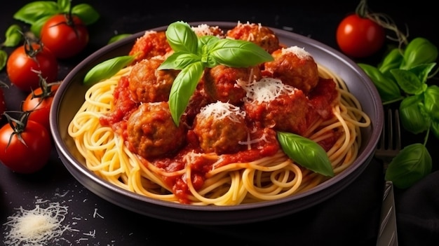 Eine Nahaufnahme eines Platts mit Spaghetti mit Fleischbällchen und Tomaten