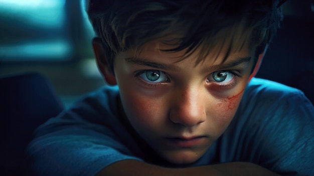 Eine Nahaufnahme eines Preteen-Jungen mit einem blauen Gesicht und einem traurigen Ausdruck, der auf Erfahrungen mit Gewalt oder Mobbing zu Hause oder in der Schule hinweist.