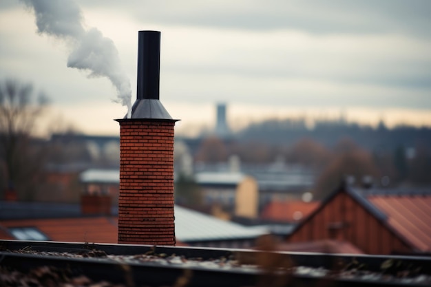 Foto eine nahaufnahme eines rauchenden schornsteins mit einer verschwommenen fabrik im hintergrund