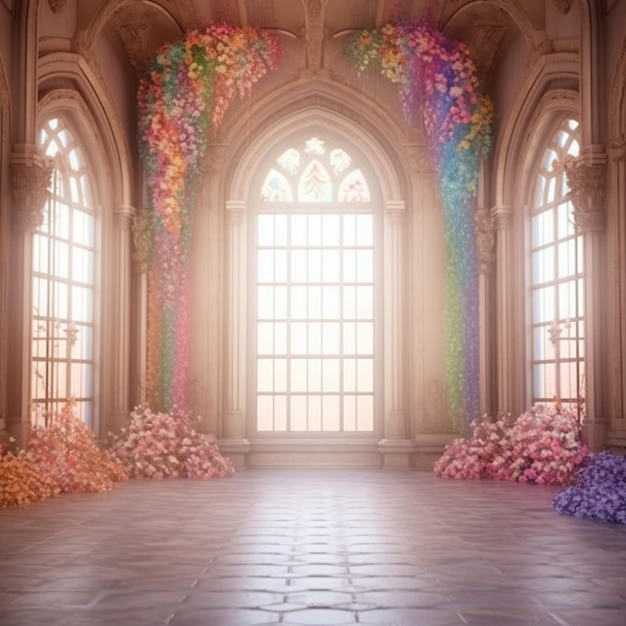 Eine Nahaufnahme eines Raumes mit einem Bündel Blumen auf dem Boden