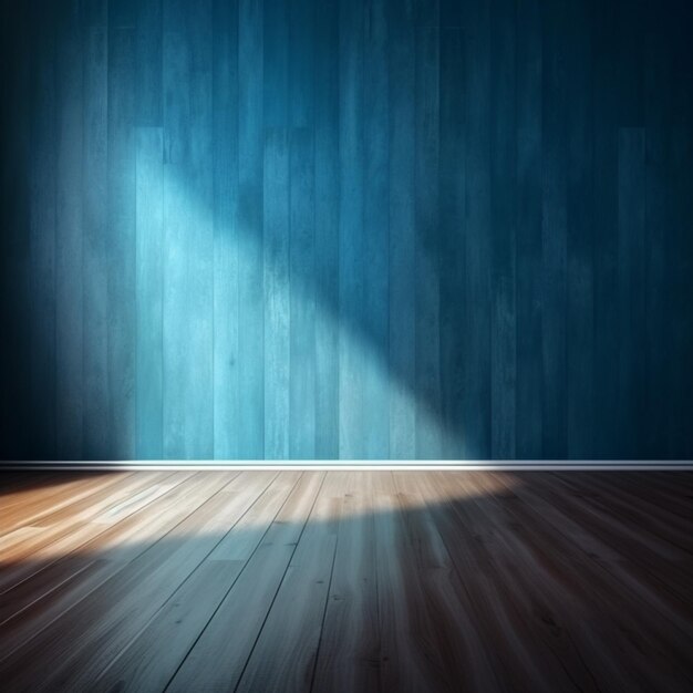 eine Nahaufnahme eines Raumes mit einem Holzboden und einer blauen Wand mit generativer KI