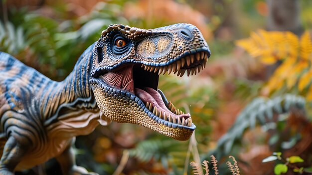 Eine Nahaufnahme eines realistischen Tyrannosaurus Rex-Dinosauers mit weit geöffnetem Mund, der seine scharfen Zähne freigibt