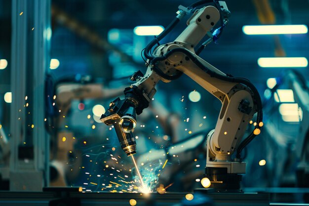 eine Nahaufnahme eines Roboter, der Metall mit Funken in einer Fabrik schweißt