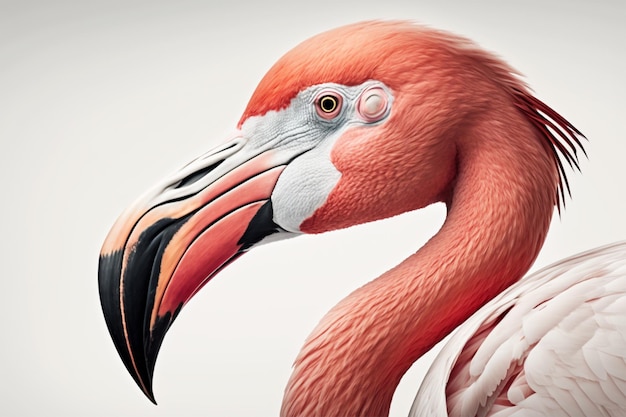 Eine Nahaufnahme eines rosa-weißen Vogels mit großem Schnabel.