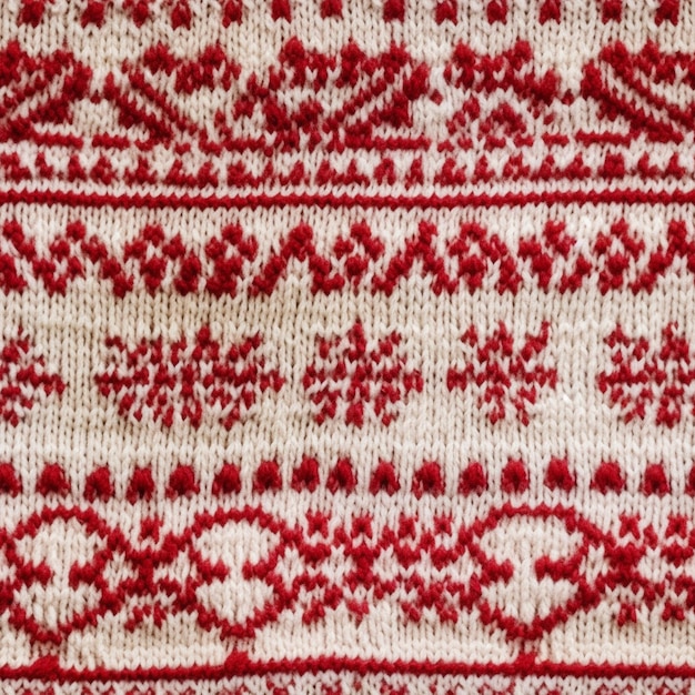 Eine Nahaufnahme eines rot-weißen Strickteppichs mit einem generativen KI-Design mit roten Blumen