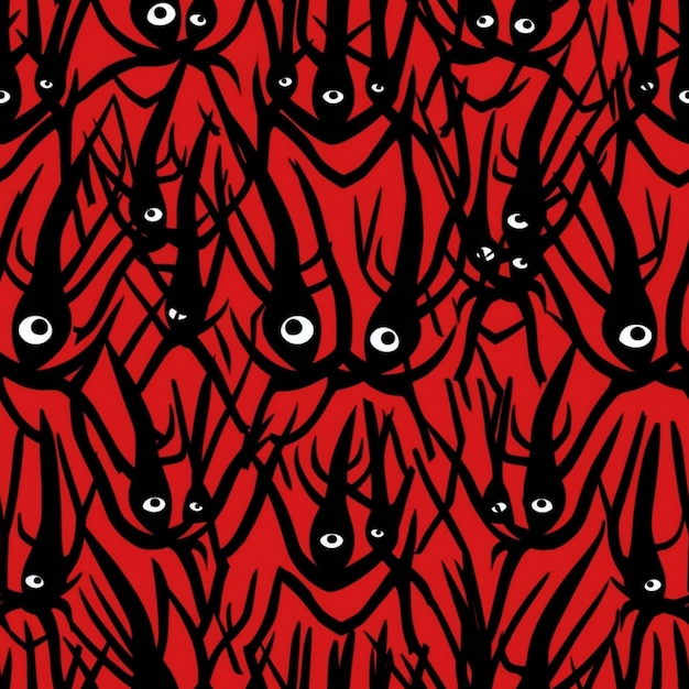 Eine Nahaufnahme eines roten Hintergrunds mit vielen schwarzen und weißen Fledermäusen