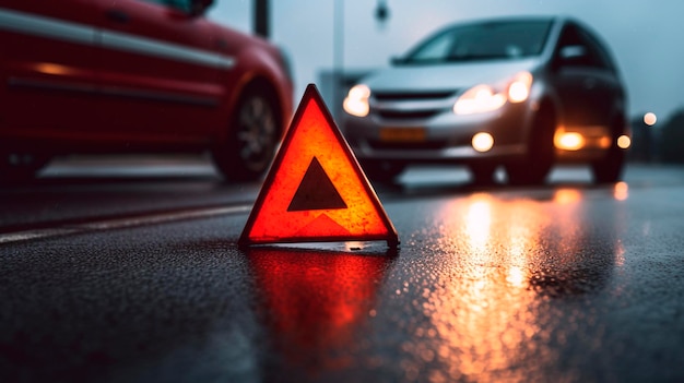 Eine Nahaufnahme eines roten Notfalldreiecks auf der Straße vor einem Auto nach einem Unfall. Generative KI
