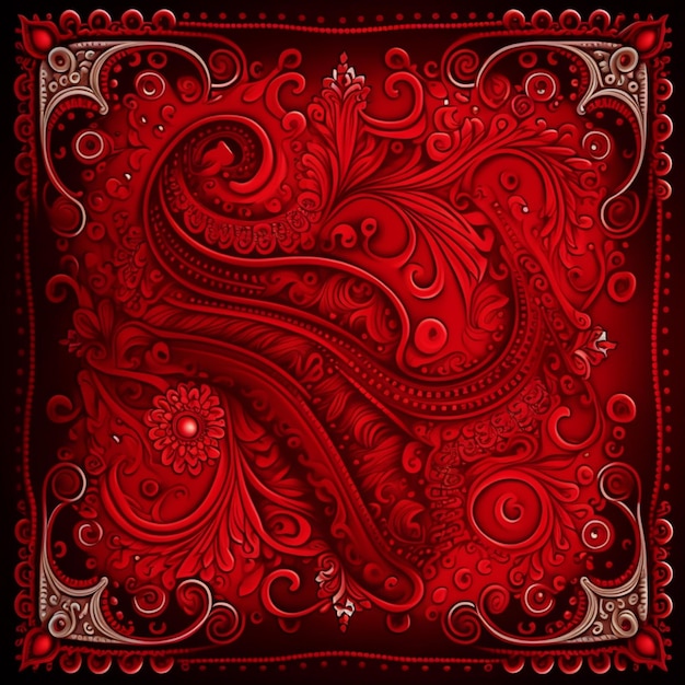 Eine Nahaufnahme eines roten Paisley-Designs auf einem schwarzen Hintergrund.